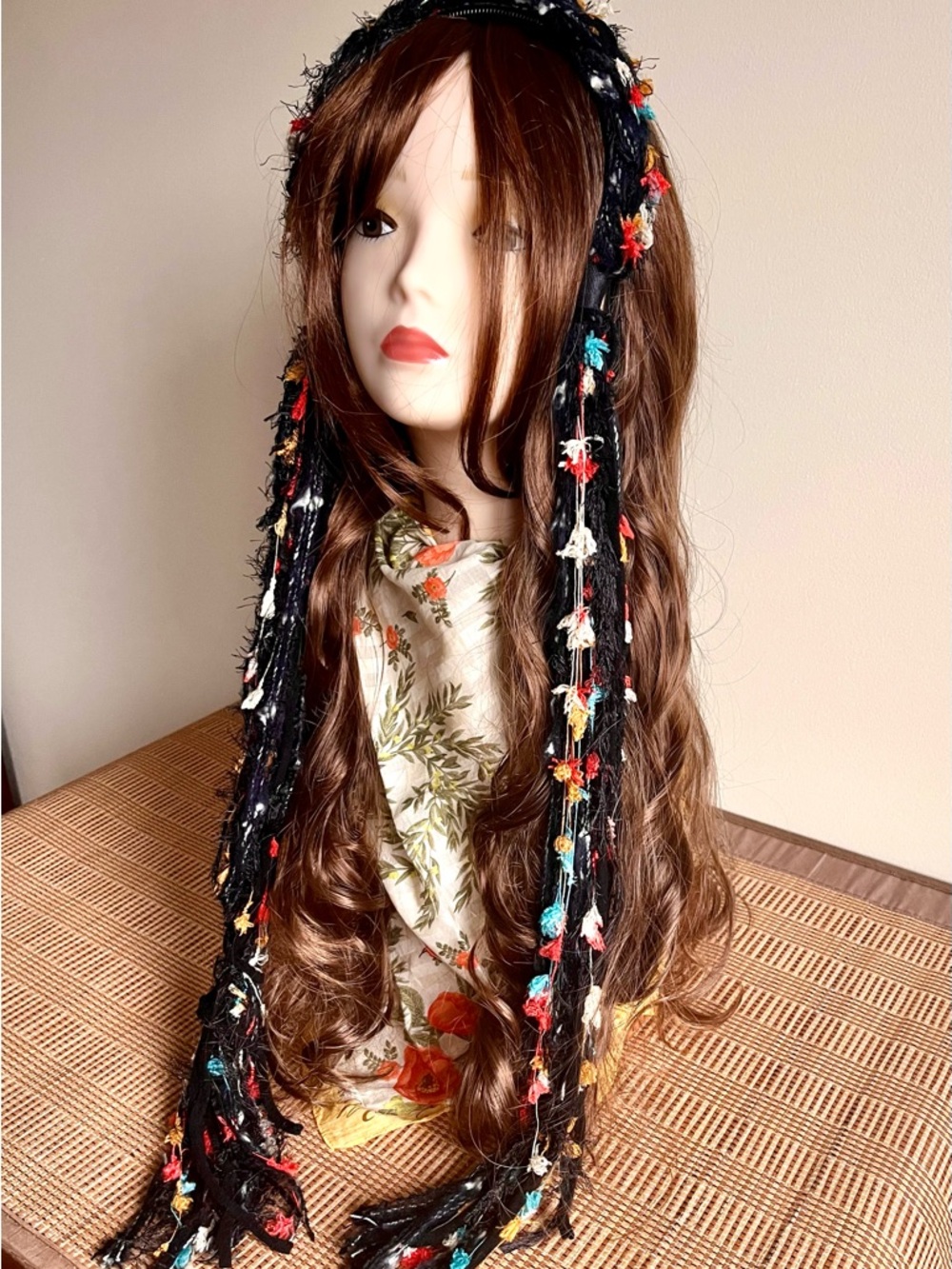 Black Boho Knitted Headband with Colorful Tassels
